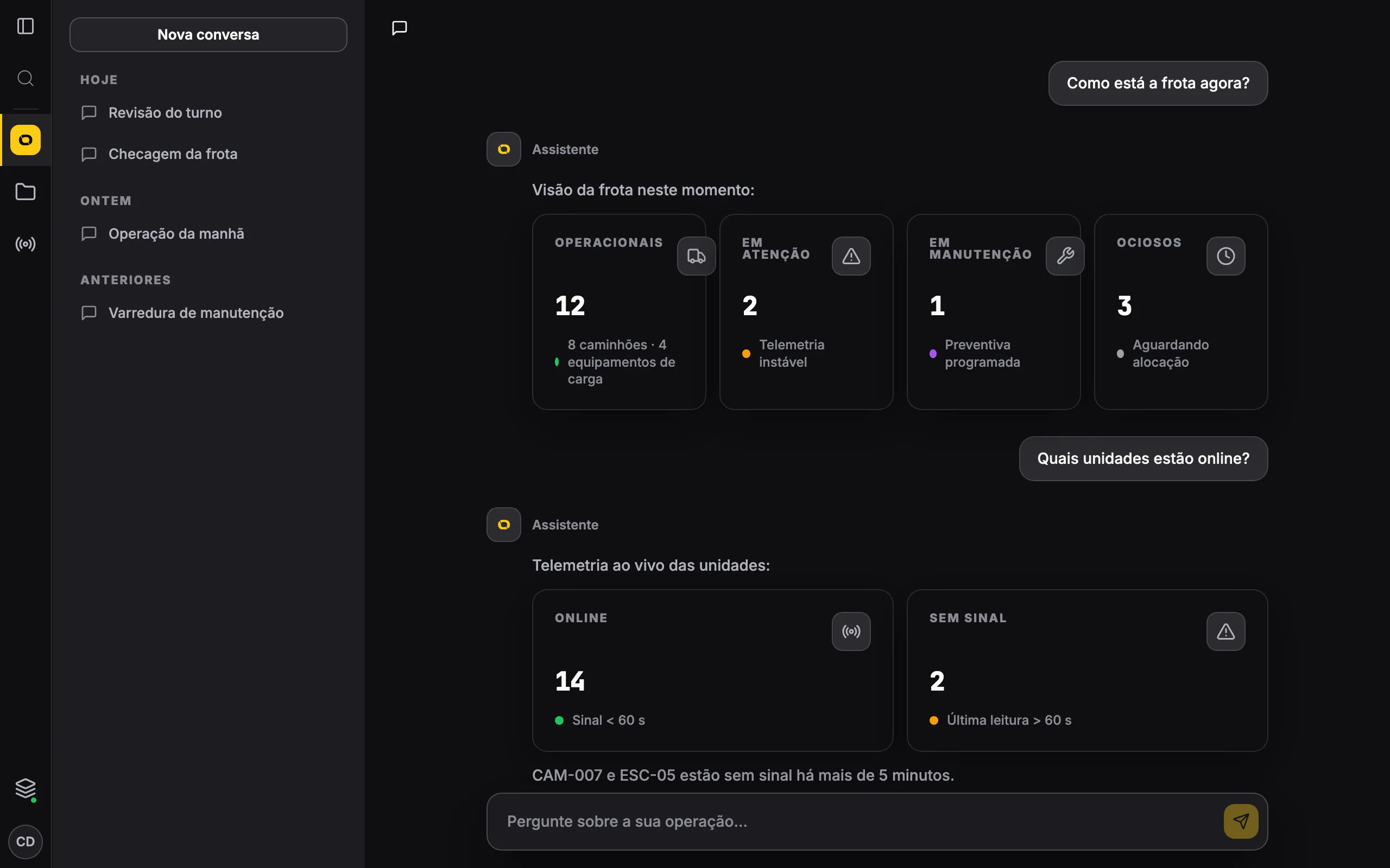 Assistente de IA da Mining Ops a responder sobre o estado da frota