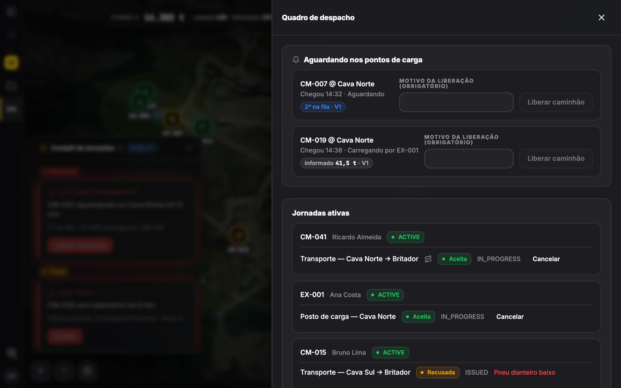 Quadro de despacho da Mining Ops a liberar camiões nos pontos de carga