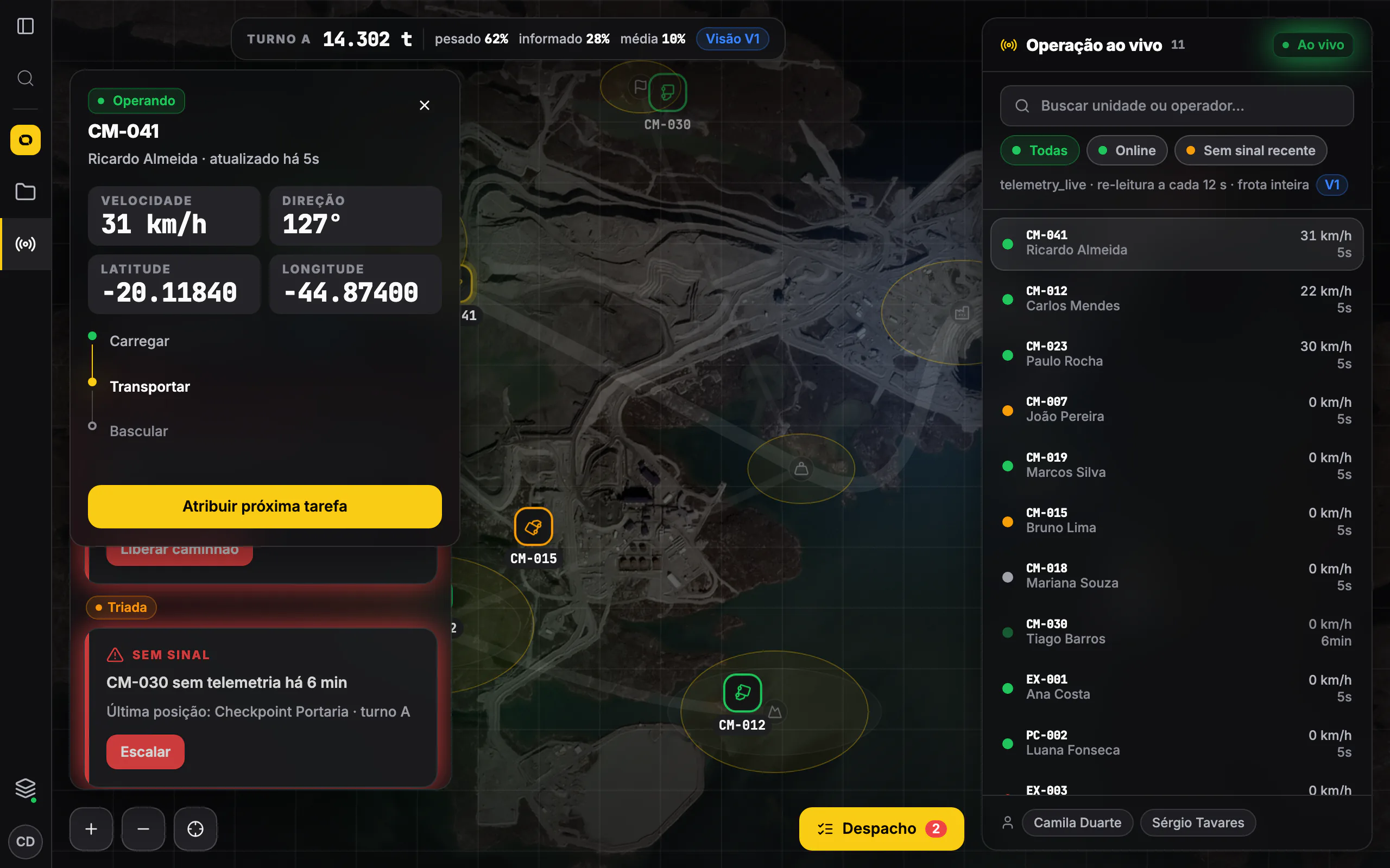 Mapa em direto da Mining Ops com a frota em tempo real